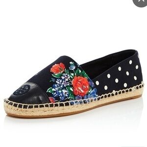 Tory Burch Navy Tea Rose Polka Dot Mixed Print Espadrilles Black White Red 8.5
